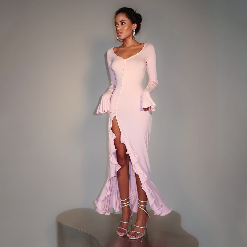 Bell-Sleeve Side-Slit Dress