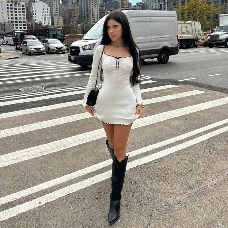 Women Clothing Autumn U-Shaped Collar Contrast Color Wooden Ear Waist Slimming Dress