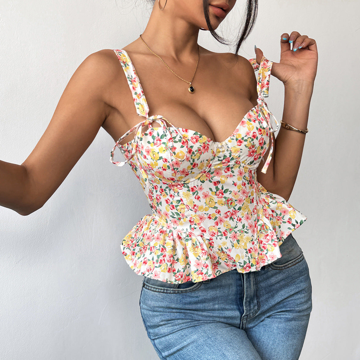 Floral Spring Summer Lace up Adjustable Boning Corset Corset Waist Trimming Ruffles Chest Cotton Camisole