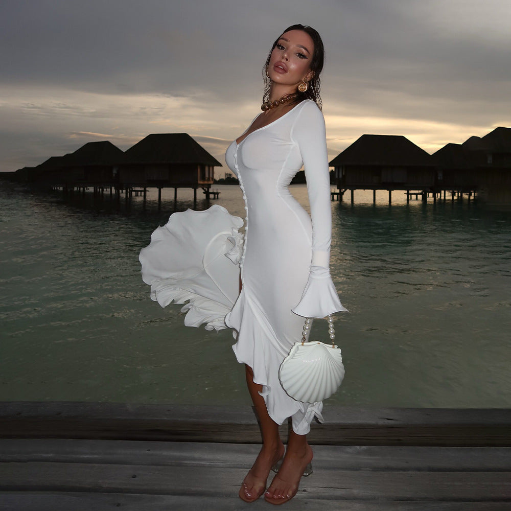 Bell-Sleeve Side-Slit Dress