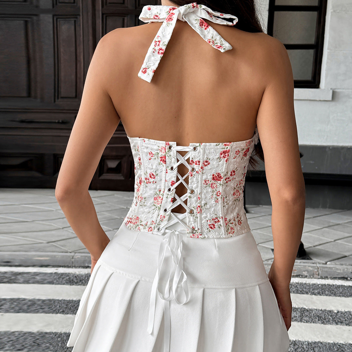 Sexy Lace Stitching Floral Boning Corset Girdle Halter Backless Lace up Corset Women