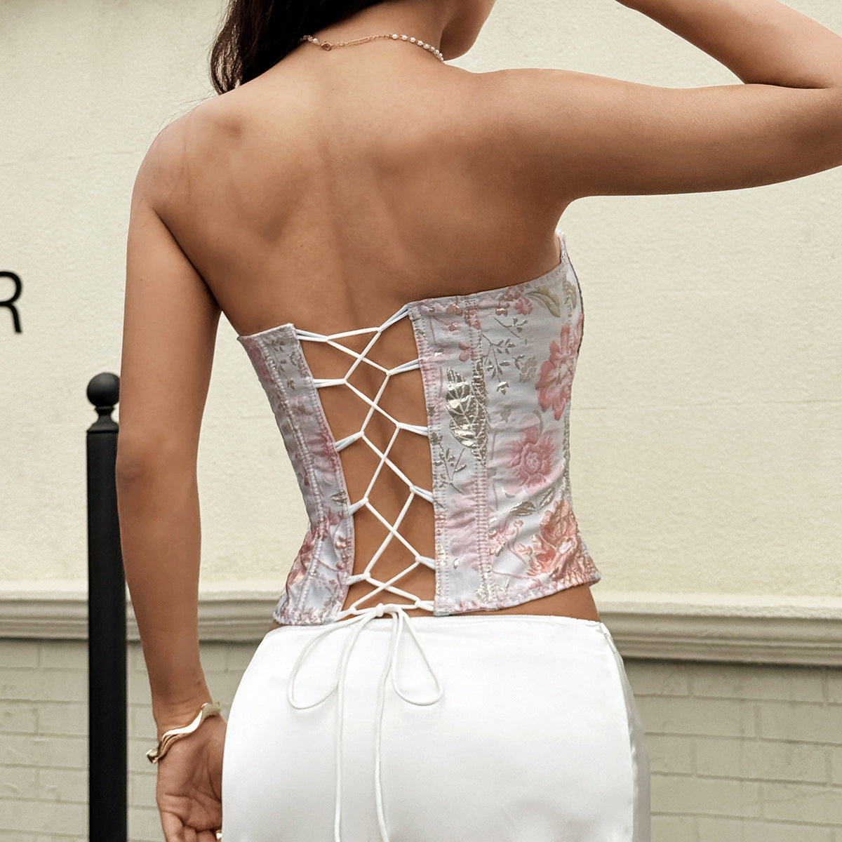 Floral Vest Women Summer Gilding Jacquard Boning Corset Bra Inner Wear Outer Wear Sweet Spicy Top