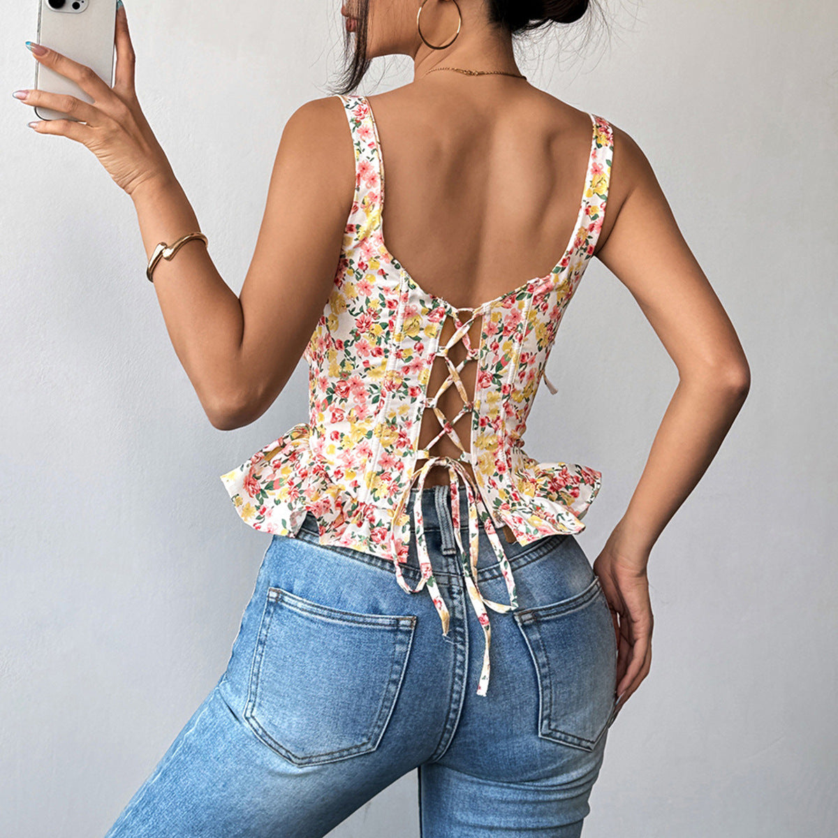 Floral Spring Summer Lace up Adjustable Boning Corset Corset Waist Trimming Ruffles Chest Cotton Camisole