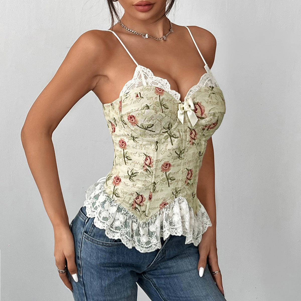 Women Clothing Vintage Jacquard Niche Stitching Sexy Lace Lace Spaghetti Strap Vest