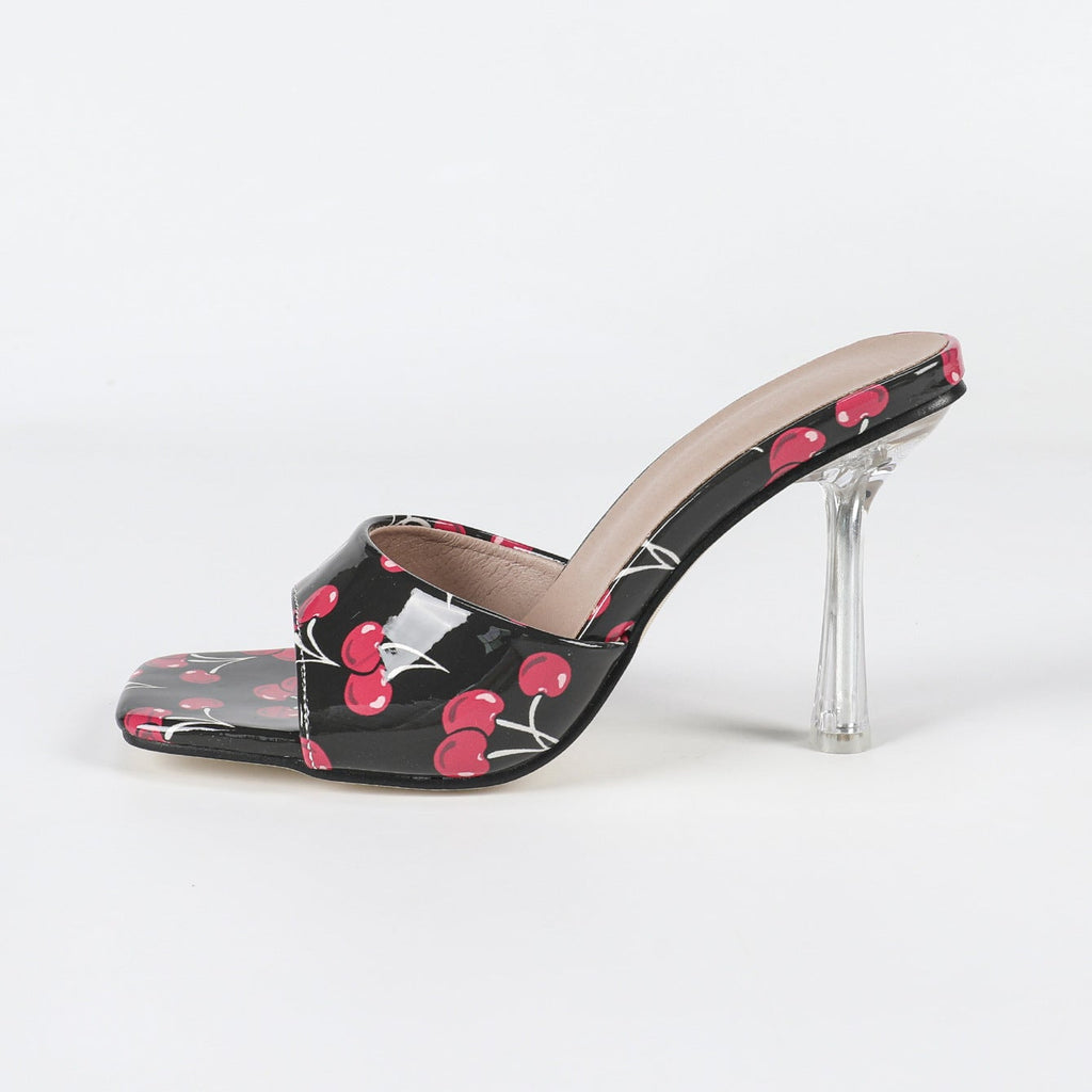 Peep Toe High Heel Printed Slippers Women Square Toe Chunky Heel Roman Cool Slippers