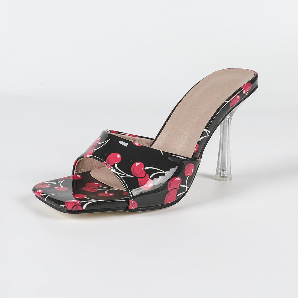 Peep Toe High Heel Printed Slippers Women Square Toe Chunky Heel Roman Cool Slippers