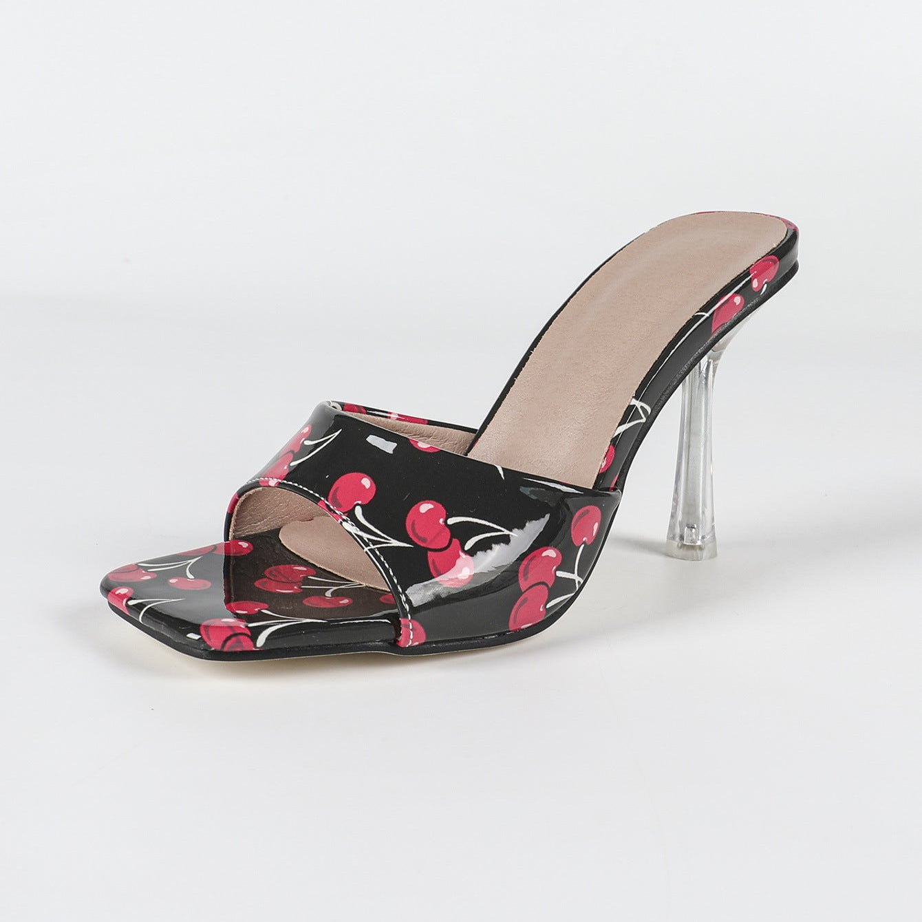 Peep Toe High Heel Printed Slippers Women Square Toe Chunky Heel Roman Cool Slippers