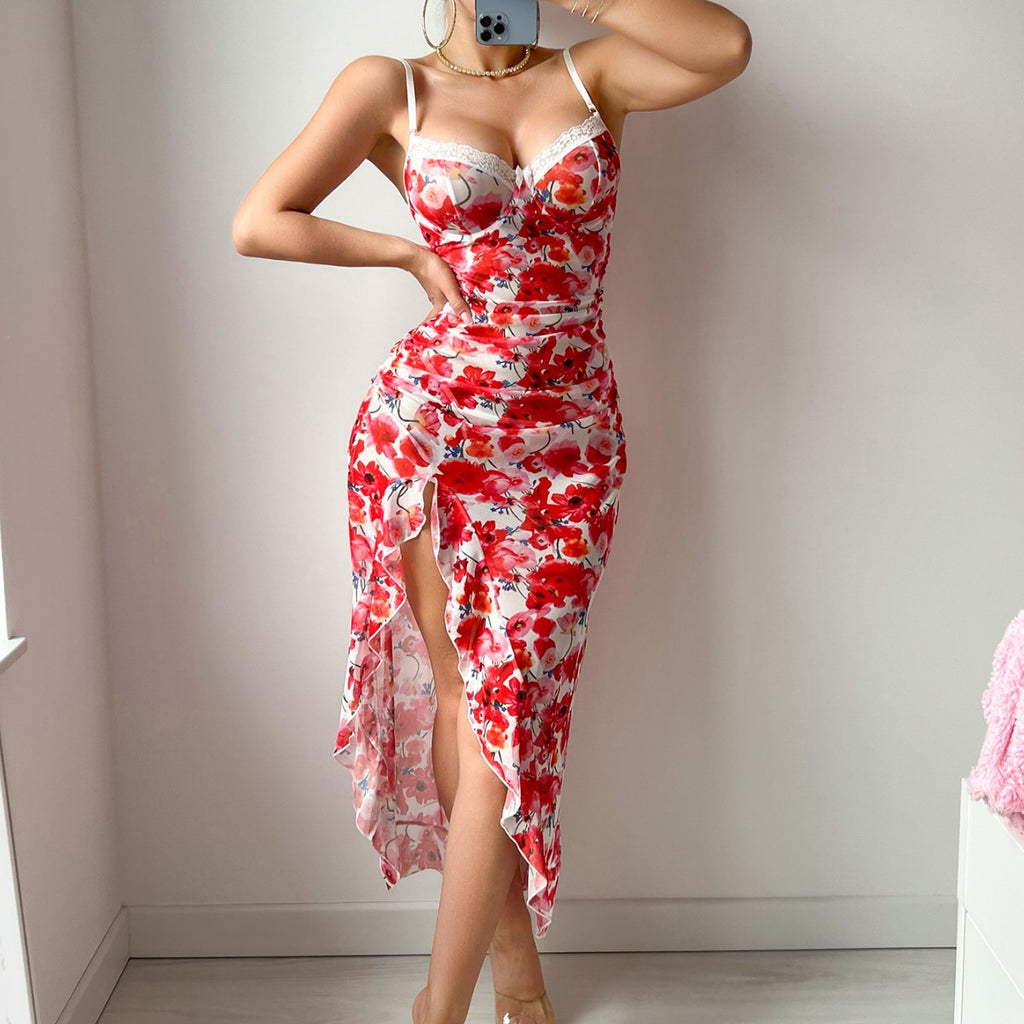 Mesh Strap Floral Dress Sexy Pajamas Nightdress Sexy Lingerie Set