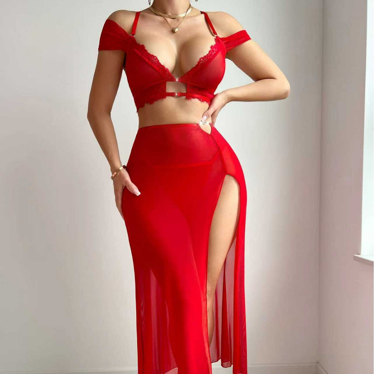 Sexy Slit Skirt Slim Sexy Lingerie Three Piece Sets Women