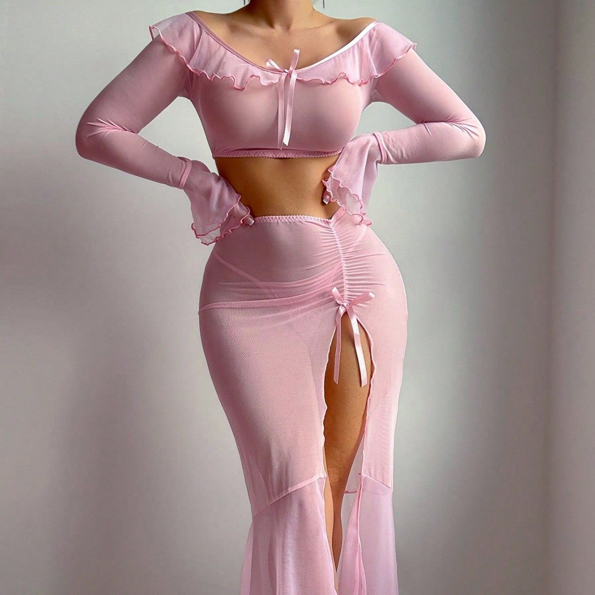 Sexy Lingerie Mesh Temptation Long Sleeve Bra Sexy Slim Fit Two Piece Sets
