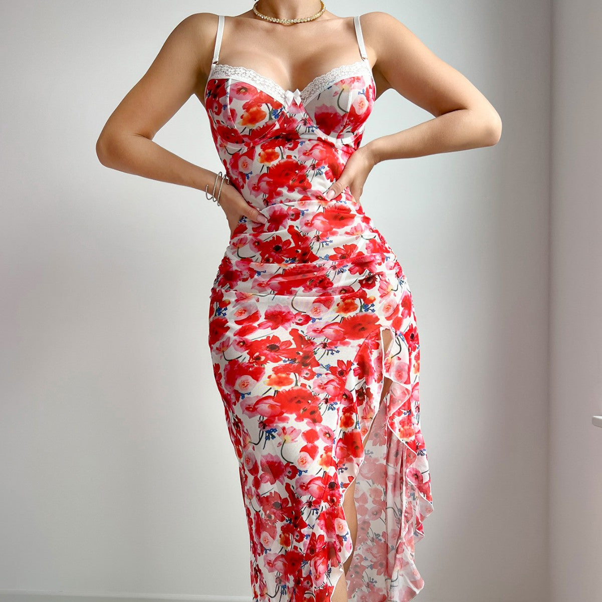 Mesh Strap Floral Dress Sexy Pajamas Nightdress Sexy Lingerie Set