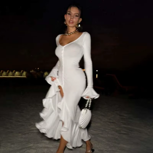 Bell-Sleeve Side-Slit Dress